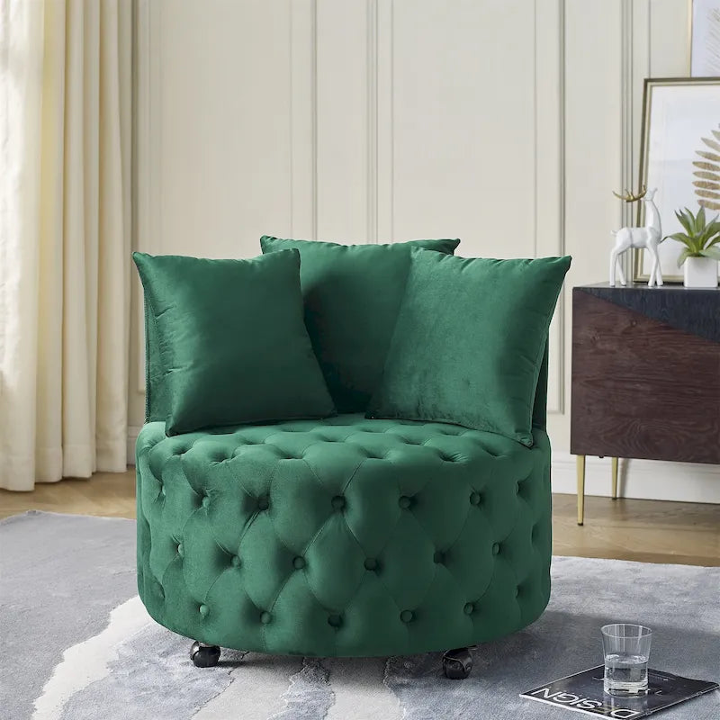 Sillón Decorativo Giratorio de Terciopelo Verde con Cojín Capitaneado