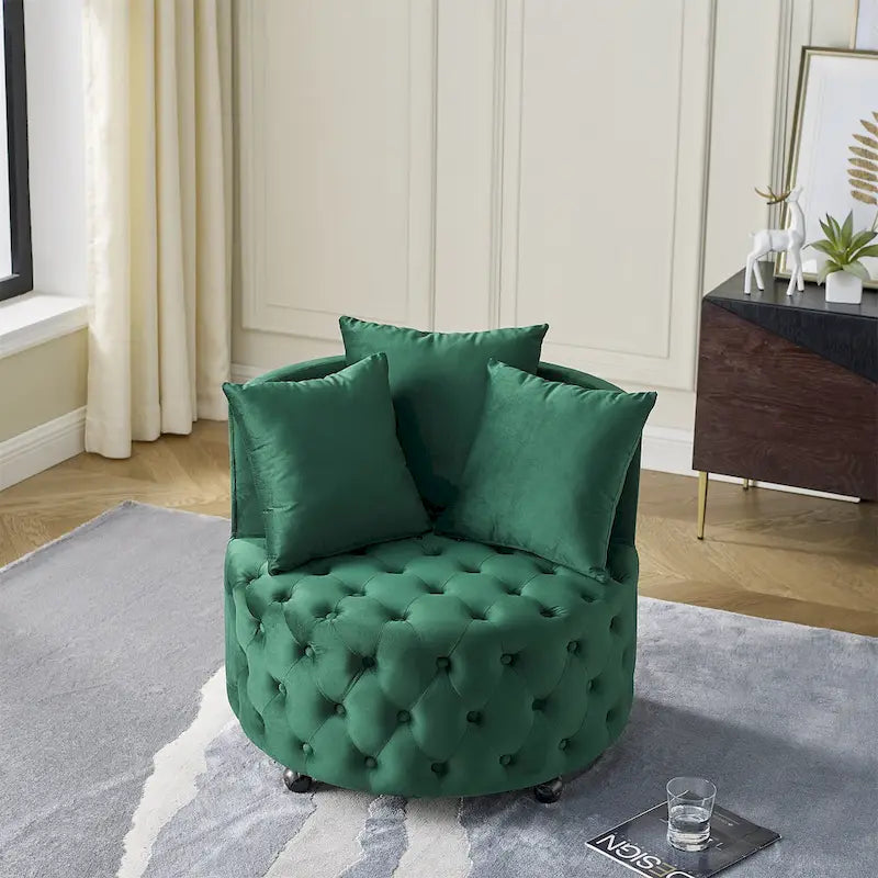 Sillón Decorativo Giratorio de Terciopelo Verde con Cojín Capitaneado