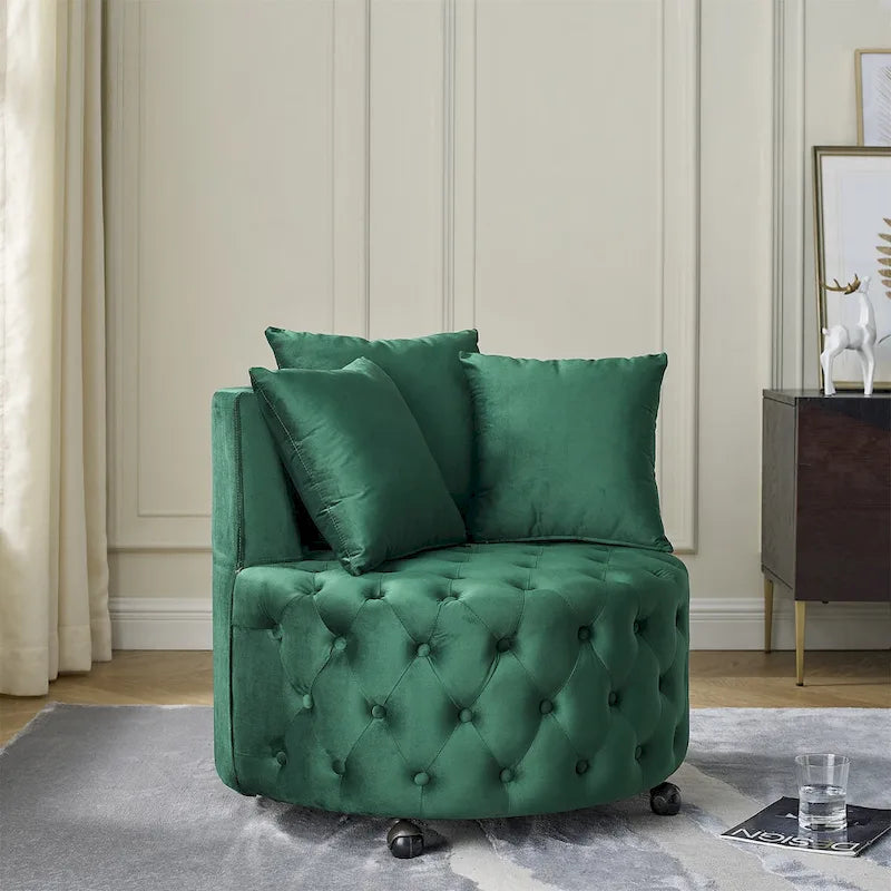 Sillón Decorativo Giratorio de Terciopelo Verde con Cojín Capitaneado