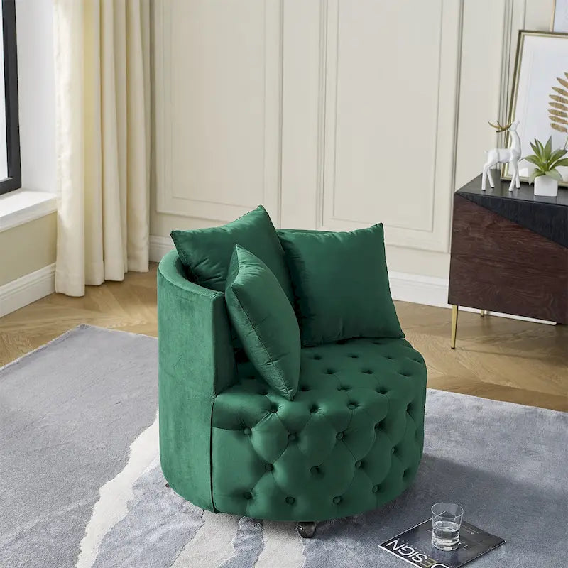 Sillón Decorativo Giratorio de Terciopelo Verde con Cojín Capitaneado