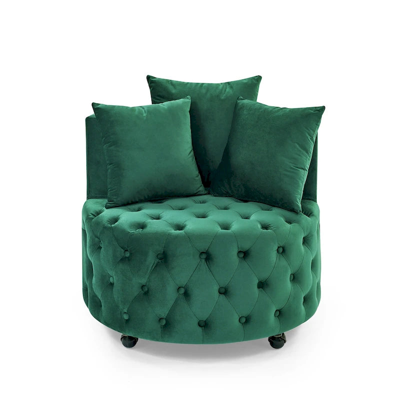 Sillón Decorativo Giratorio de Terciopelo Verde con Cojín Capitaneado