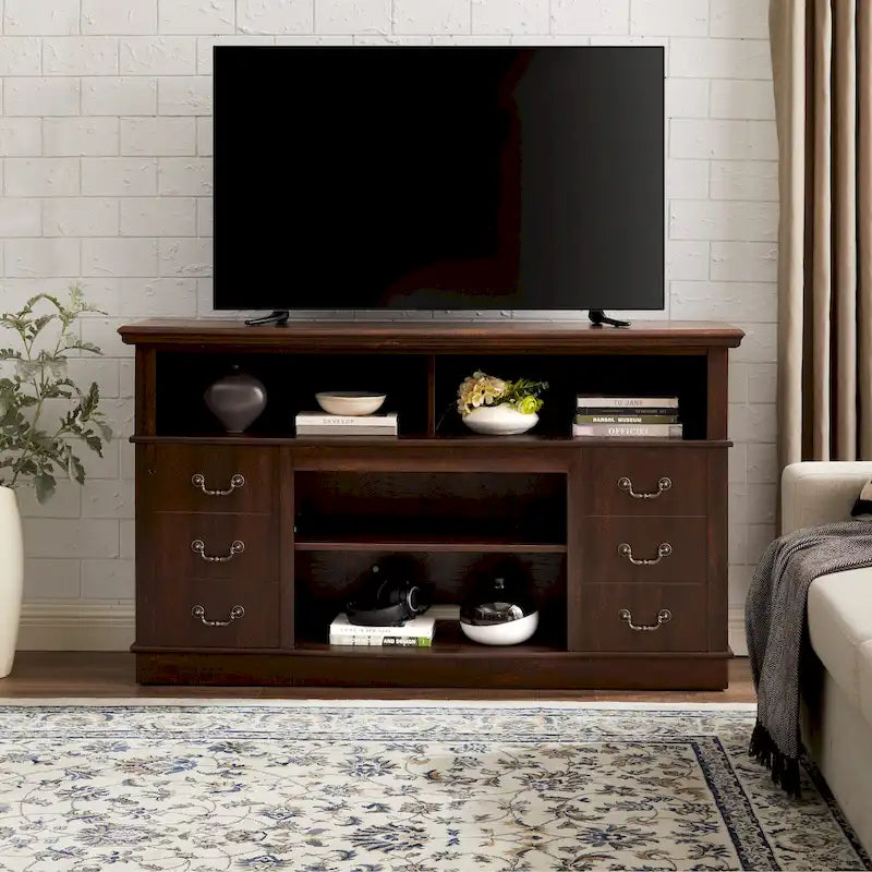 Mueble para TV con cajones, estantes abiertos y gestión de cables