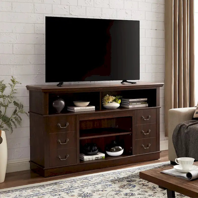 Mueble para TV con cajones, estantes abiertos y gestión de cables