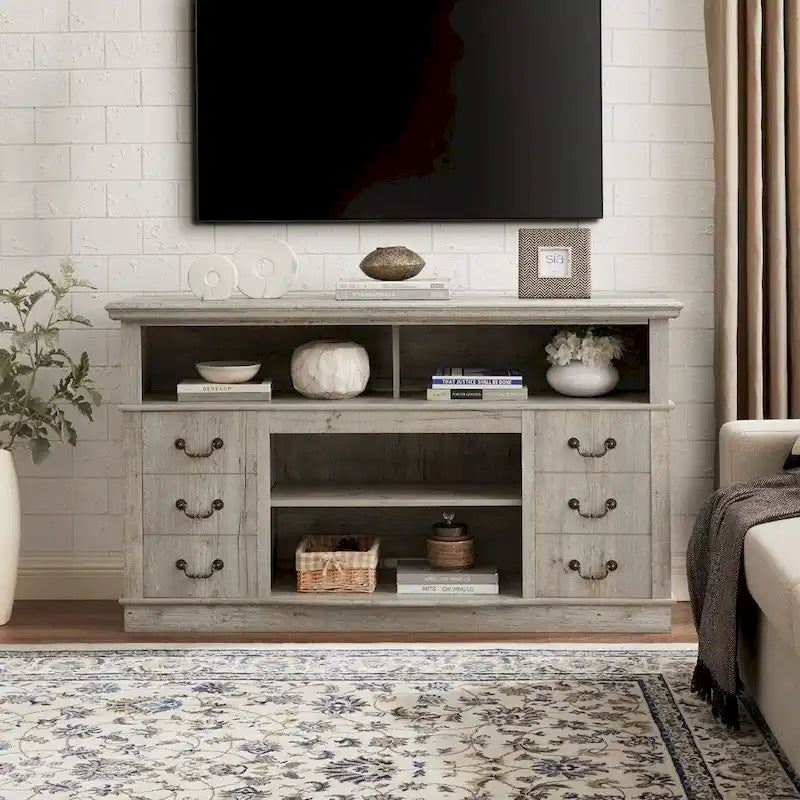 Mueble para TV con cajones, estantes abiertos y gestión de cables