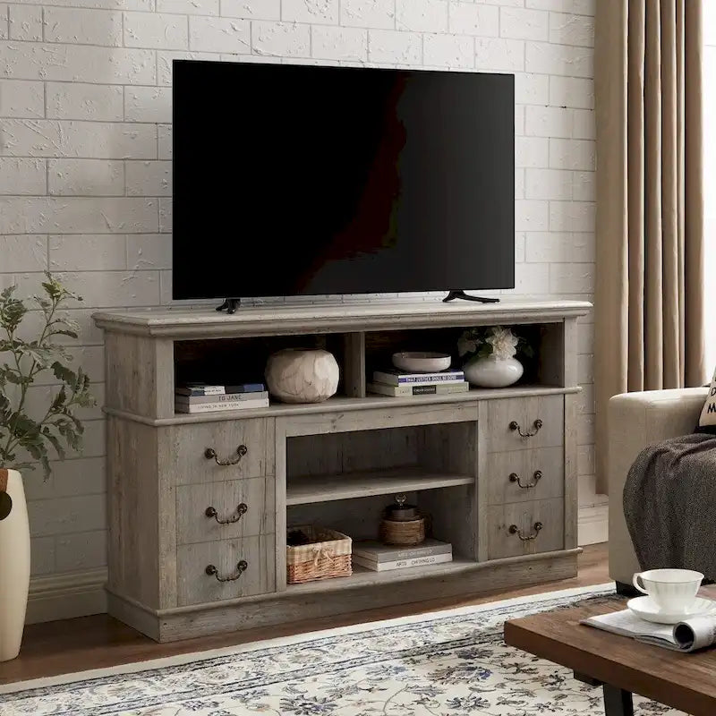 Mueble para TV con cajones, estantes abiertos y gestión de cables