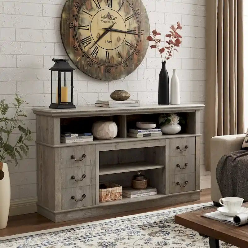 Mueble para TV con cajones, estantes abiertos y gestión de cables