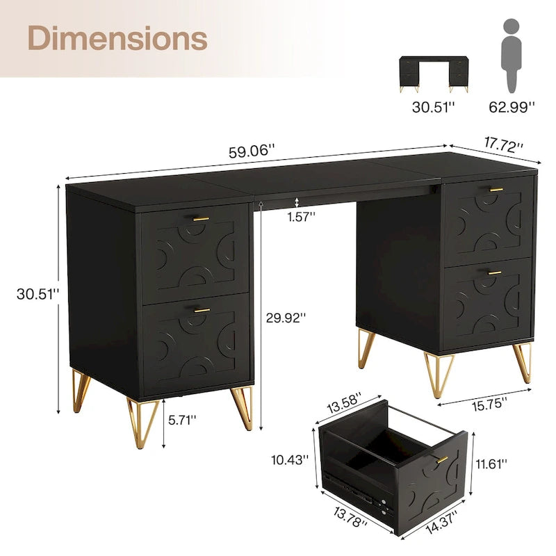 Escritorio para computadora con cajones para archivos, 150 cm