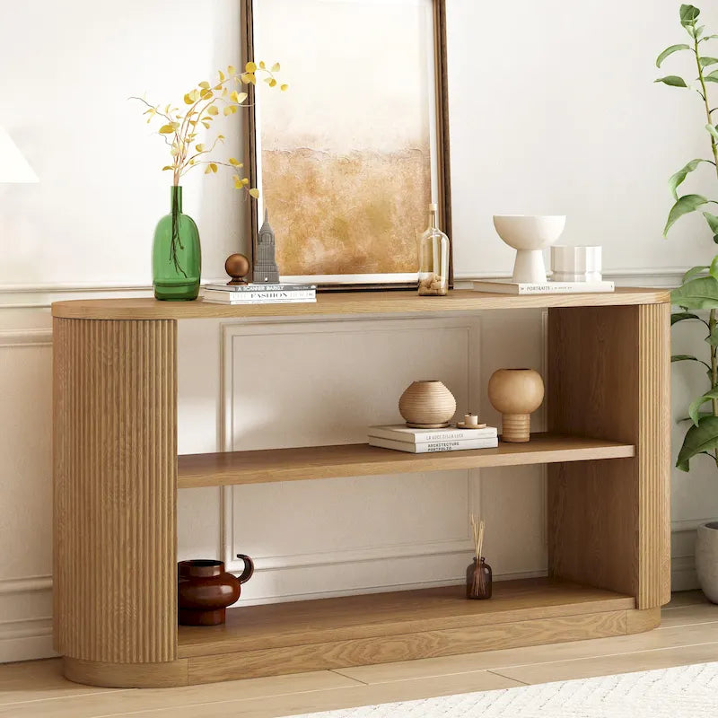 Mesa consola moderna para entrada con estante abierto y acabado de grano de madera