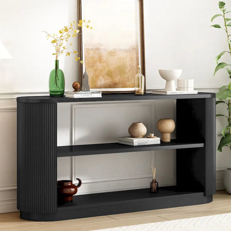 Mesa consola moderna para entrada con estante abierto y acabado de grano de madera