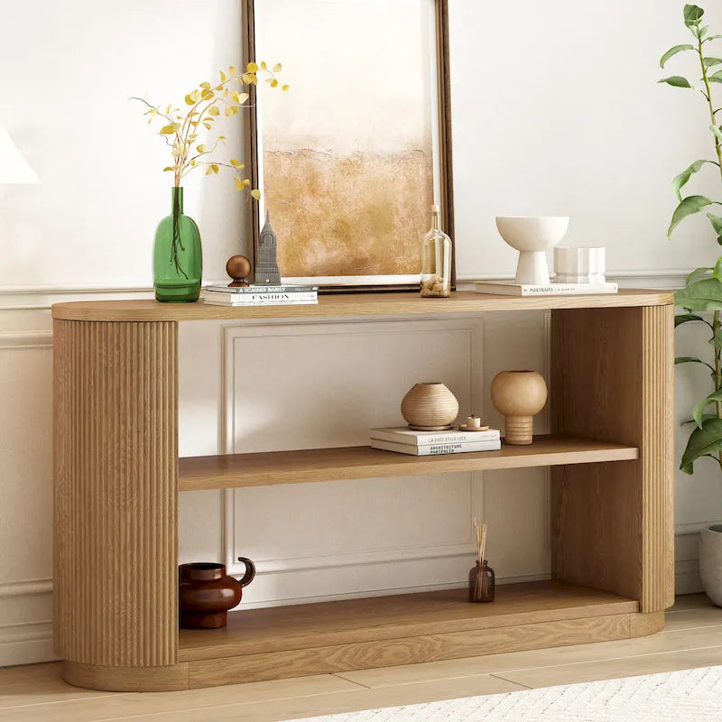 Mesa consola moderna para entrada con estante abierto y acabado de grano de madera