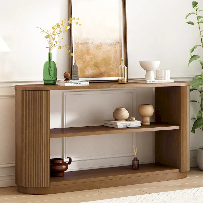 Mesa consola moderna para entrada con estante abierto y acabado de grano de madera