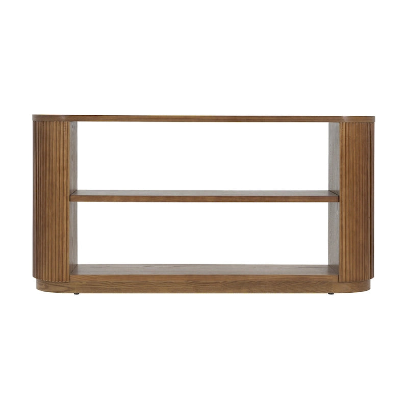 Mesa consola moderna para entrada con estante abierto y acabado de grano de madera