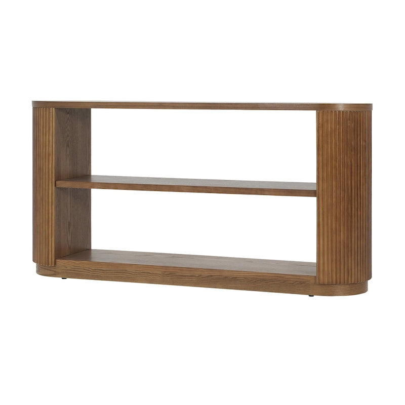 Mesa consola moderna para entrada con estante abierto y acabado de grano de madera