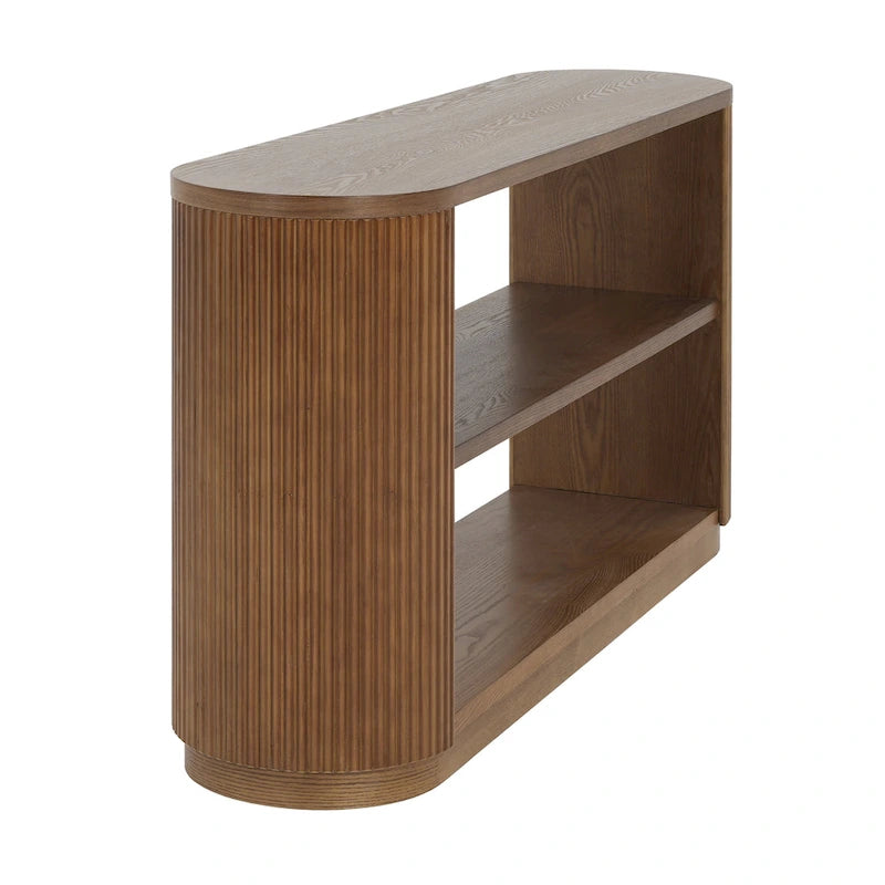 Mesa consola moderna para entrada con estante abierto y acabado de grano de madera