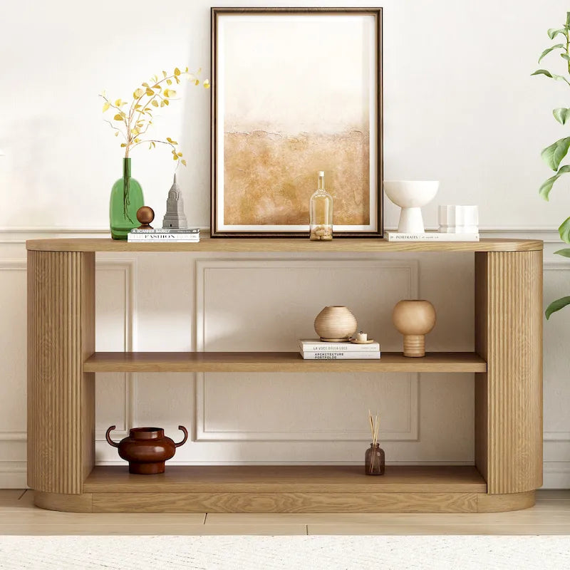 Mesa consola moderna para entrada con estante abierto y acabado de grano de madera
