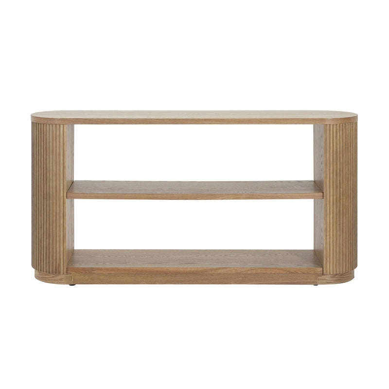 Mesa consola moderna para entrada con estante abierto y acabado de grano de madera
