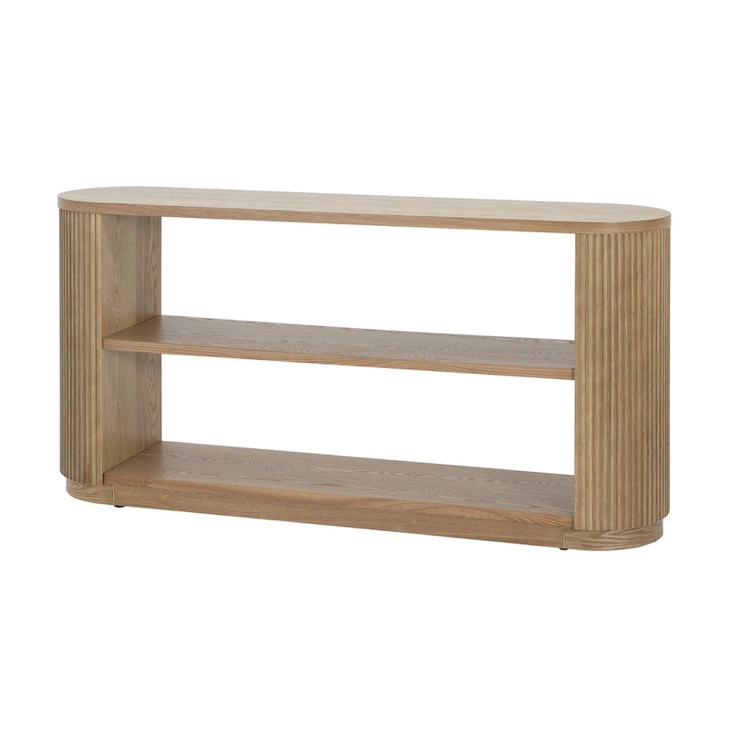 Mesa consola moderna para entrada con estante abierto y acabado de grano de madera