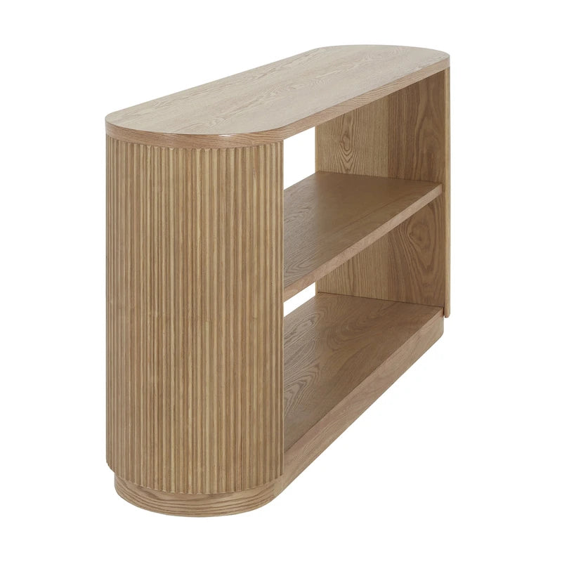 Mesa consola moderna para entrada con estante abierto y acabado de grano de madera