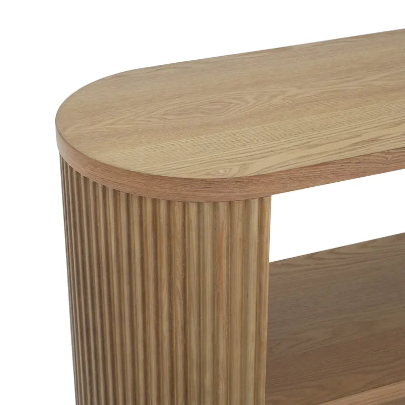 Mesa consola moderna para entrada con estante abierto y acabado de grano de madera