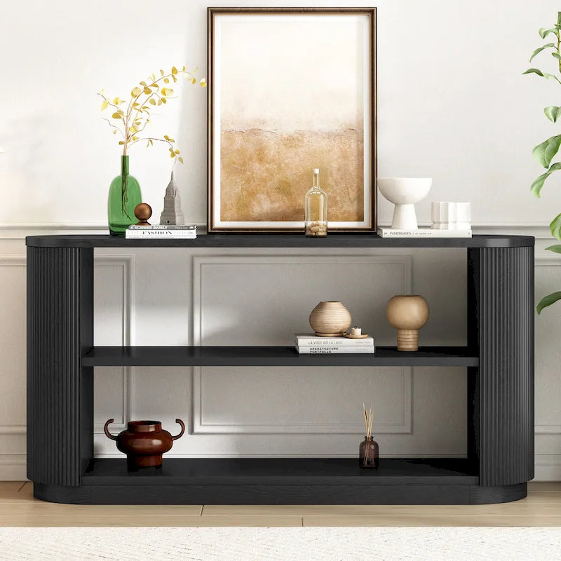 Mesa consola moderna para entrada con estante abierto y acabado de grano de madera