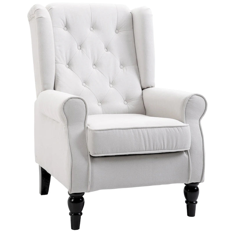 Sillón decorativo de respaldo alto color blanco crema con botones capitonados