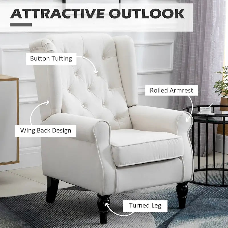 Sillón decorativo de respaldo alto color blanco crema con botones capitonados