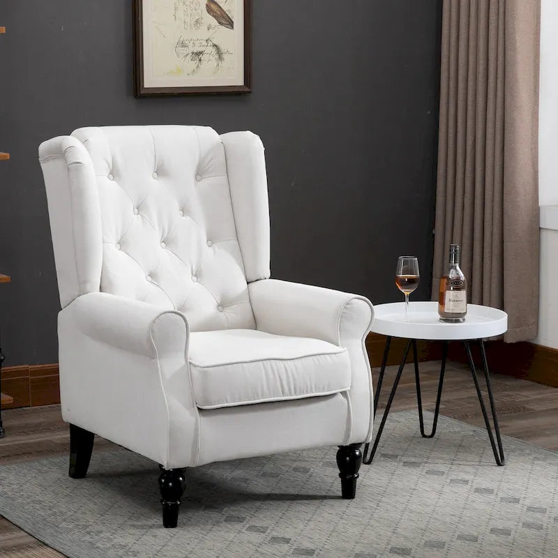 Sillón decorativo de respaldo alto color blanco crema con botones capitonados
