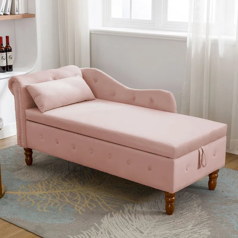 Velvet Upholstered Rolled Arm Chaise Lounge with Storage and Pillow
