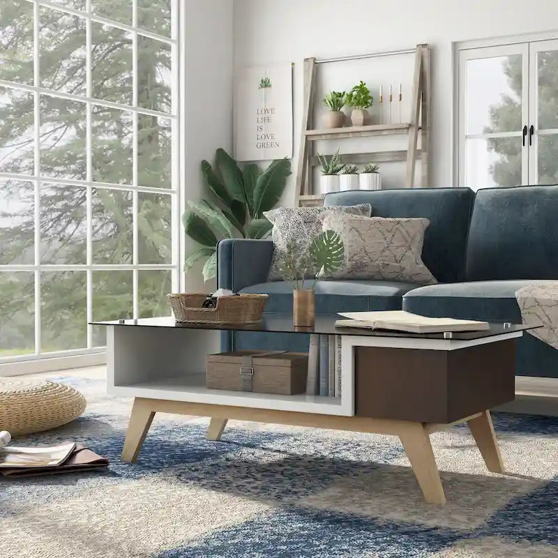 Mesa de centro moderna de mediados de siglo de 47 pulgadas con tapa de cristal y almacenamiento