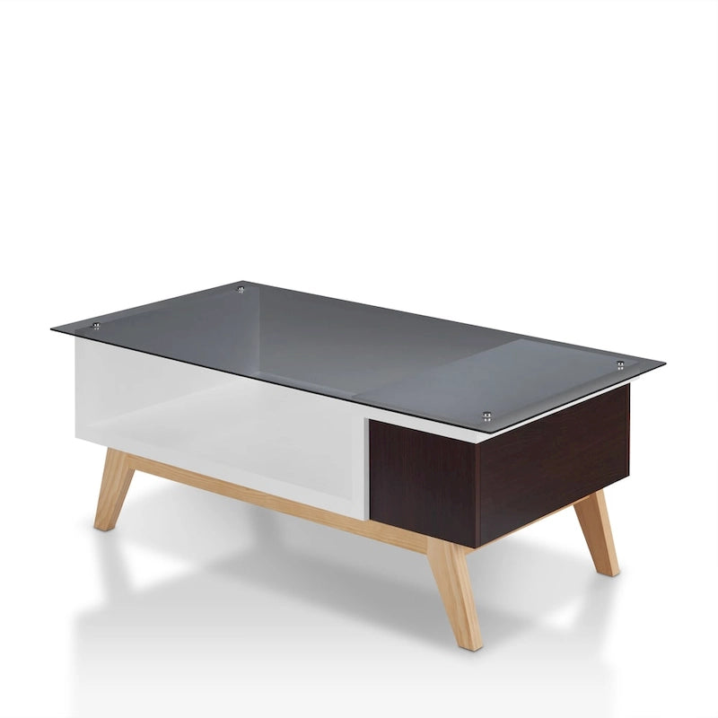 Mesa de centro moderna de mediados de siglo de 47 pulgadas con tapa de cristal y almacenamiento