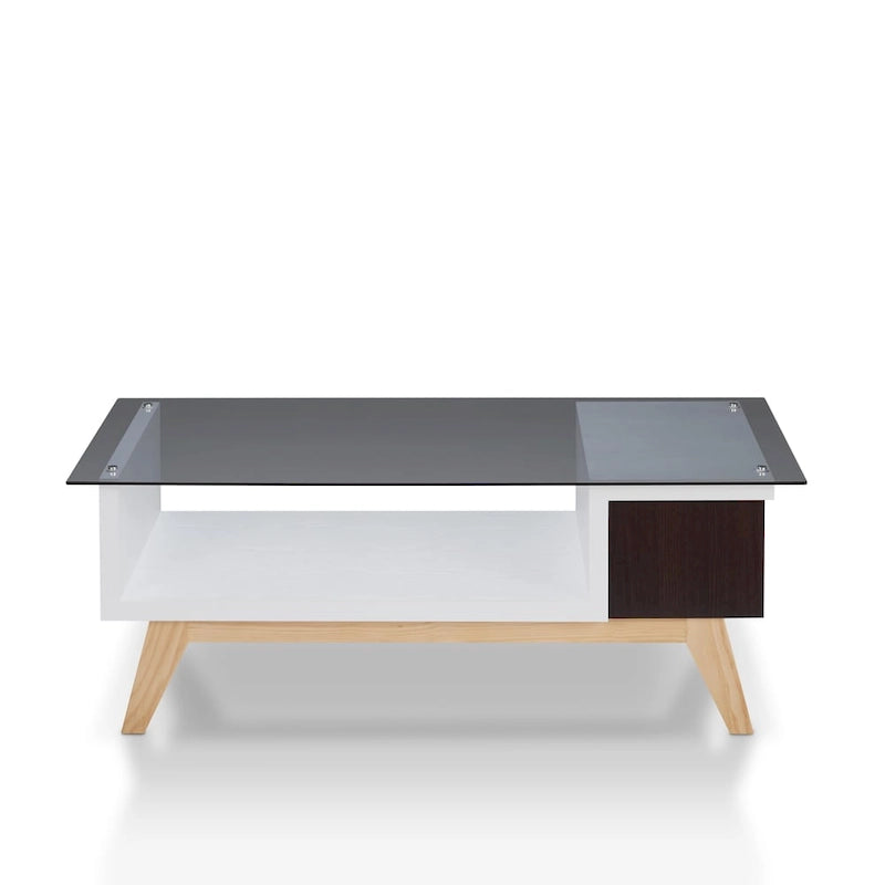 Mesa de centro moderna de mediados de siglo de 47 pulgadas con tapa de cristal y almacenamiento