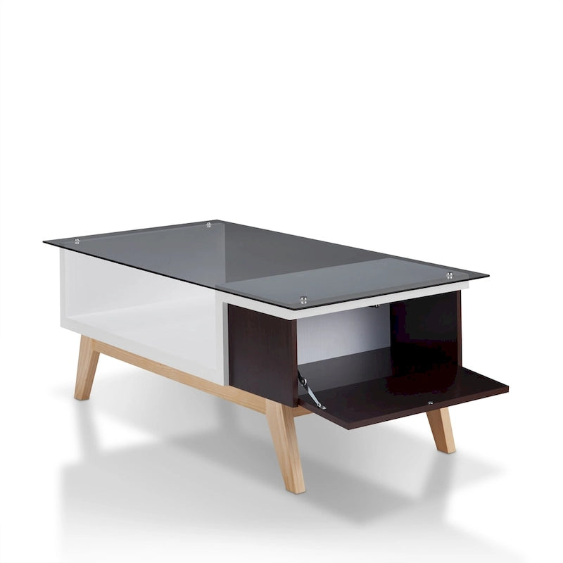 Mesa de centro moderna de mediados de siglo de 47 pulgadas con tapa de cristal y almacenamiento