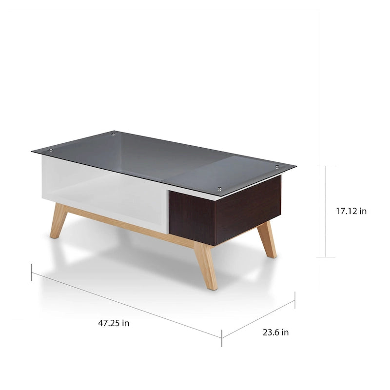 Mesa de centro moderna de mediados de siglo de 47 pulgadas con tapa de cristal y almacenamiento