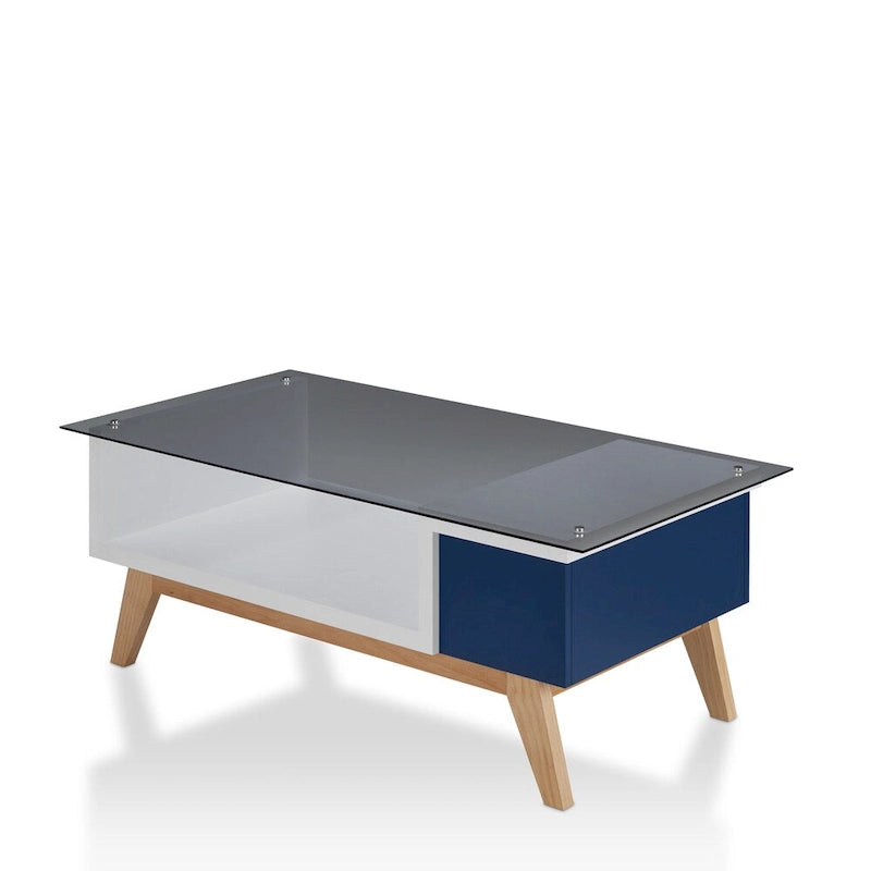 Mesa de centro moderna de mediados de siglo de 47 pulgadas con tapa de cristal y almacenamiento