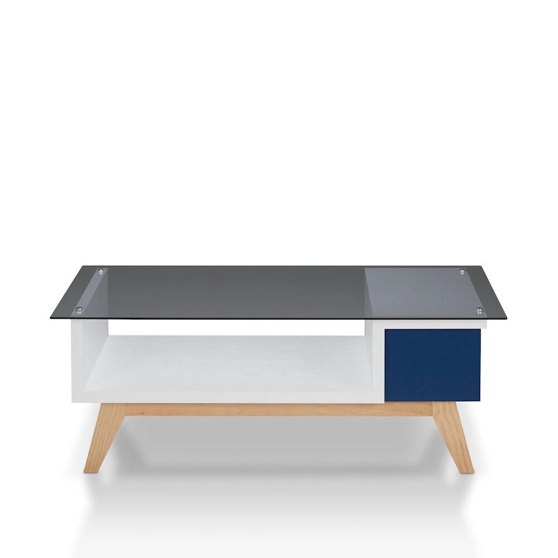 Mesa de centro moderna de mediados de siglo de 47 pulgadas con tapa de cristal y almacenamiento