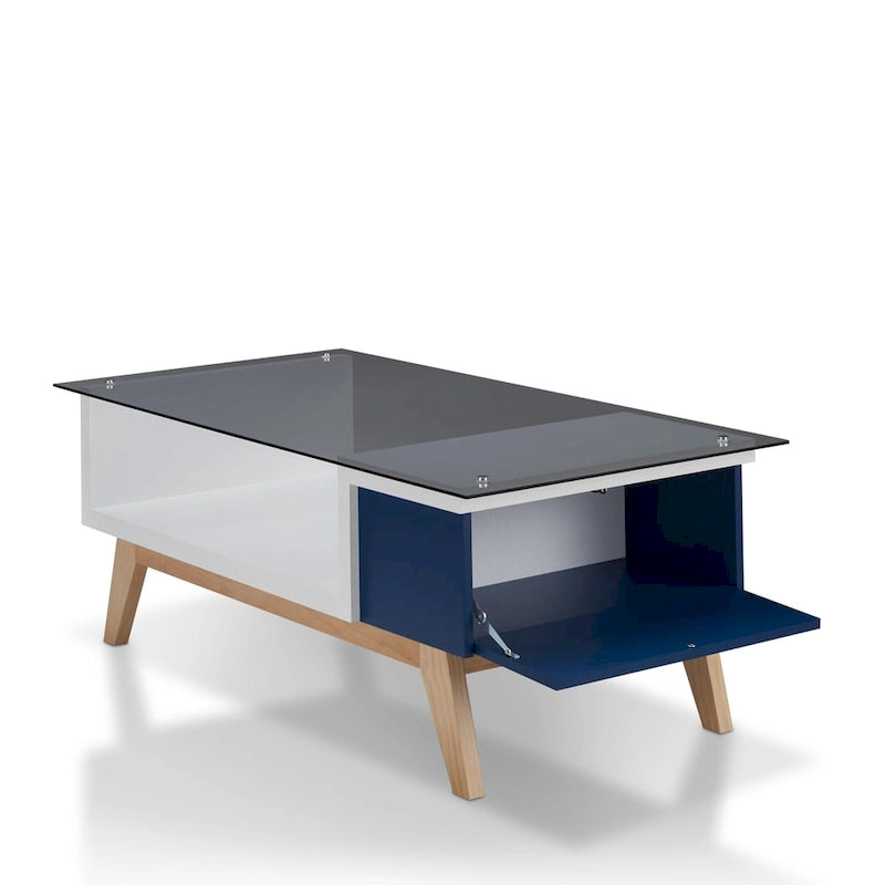 Mesa de centro moderna de mediados de siglo de 47 pulgadas con tapa de cristal y almacenamiento