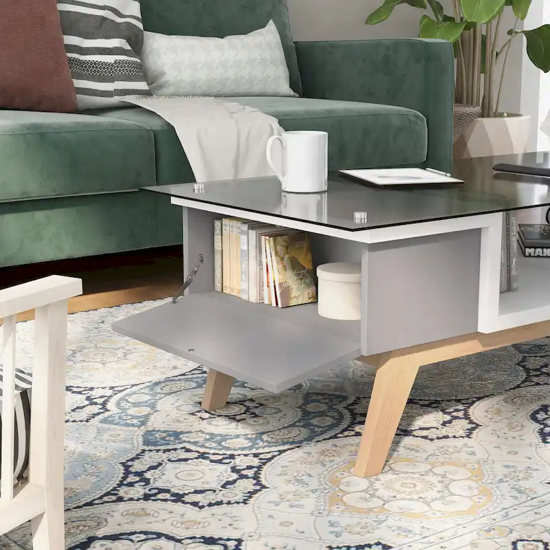 Mesa de centro moderna de mediados de siglo de 47 pulgadas con tapa de cristal y almacenamiento