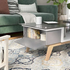 Mesa de centro moderna de mediados de siglo de 47 pulgadas con tapa de cristal y almacenamiento