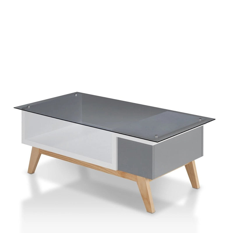 Mesa de centro moderna de mediados de siglo de 47 pulgadas con tapa de cristal y almacenamiento