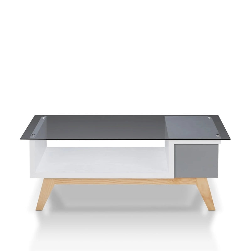 Mesa de centro moderna de mediados de siglo de 47 pulgadas con tapa de cristal y almacenamiento