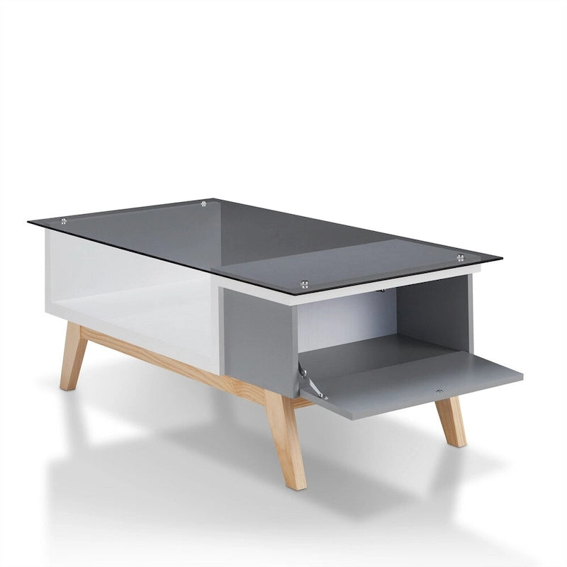 Mesa de centro moderna de mediados de siglo de 47 pulgadas con tapa de cristal y almacenamiento