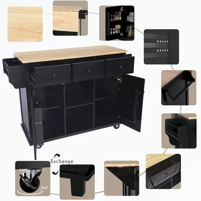 Carro de isla de cocina rodante con gabinete de almacenamiento y 3 cajones