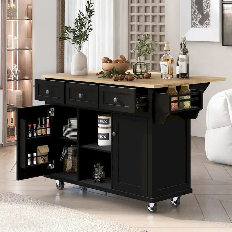 Carro de isla de cocina rodante con gabinete de almacenamiento y 3 cajones