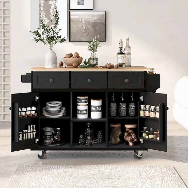 Carro de isla de cocina rodante con gabinete de almacenamiento y 3 cajones