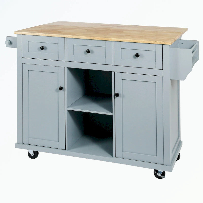 Carro de isla de cocina rodante con gabinete de almacenamiento y 3 cajones