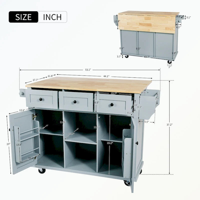 Carro de isla de cocina rodante con gabinete de almacenamiento y 3 cajones