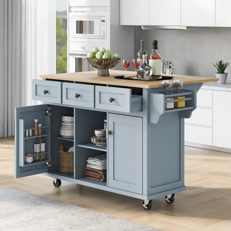 Carro de isla de cocina rodante con gabinete de almacenamiento y 3 cajones