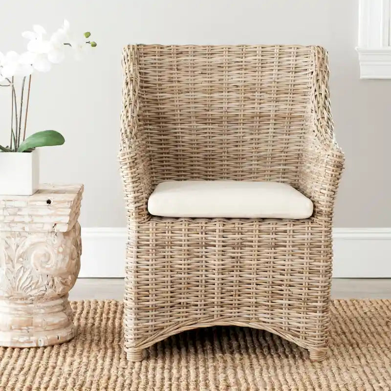 Sillón con respaldo de orejas de mimbre lavado marrón (completamente ensamblado)