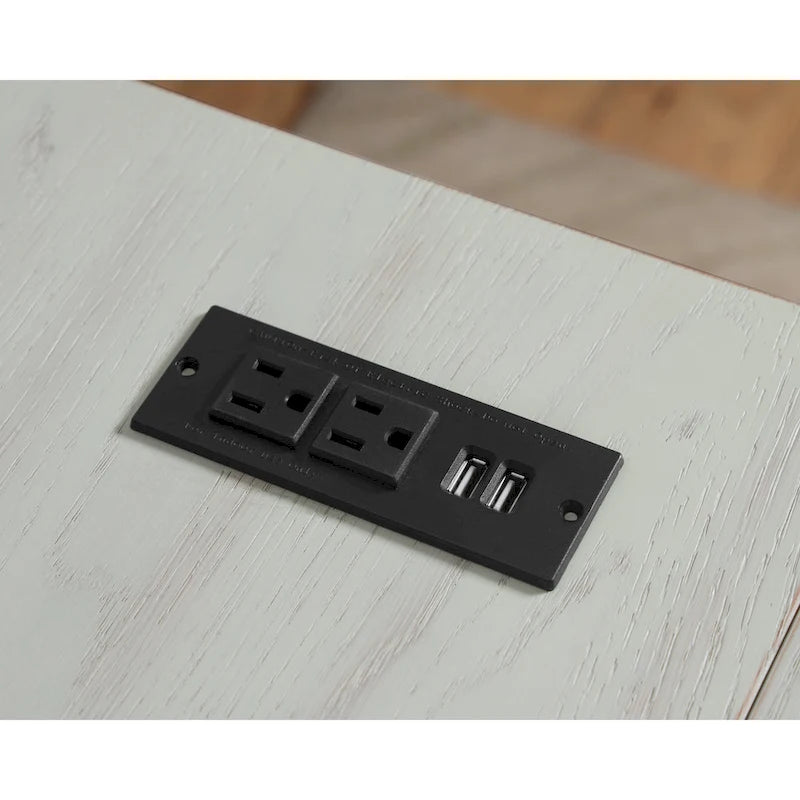 Escritorio esquinero en forma de L estilo rústico con puertos USB y tomas de corriente