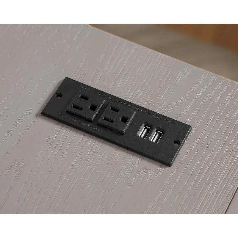 Escritorio esquinero en forma de L estilo rústico con puertos USB y tomas de corriente